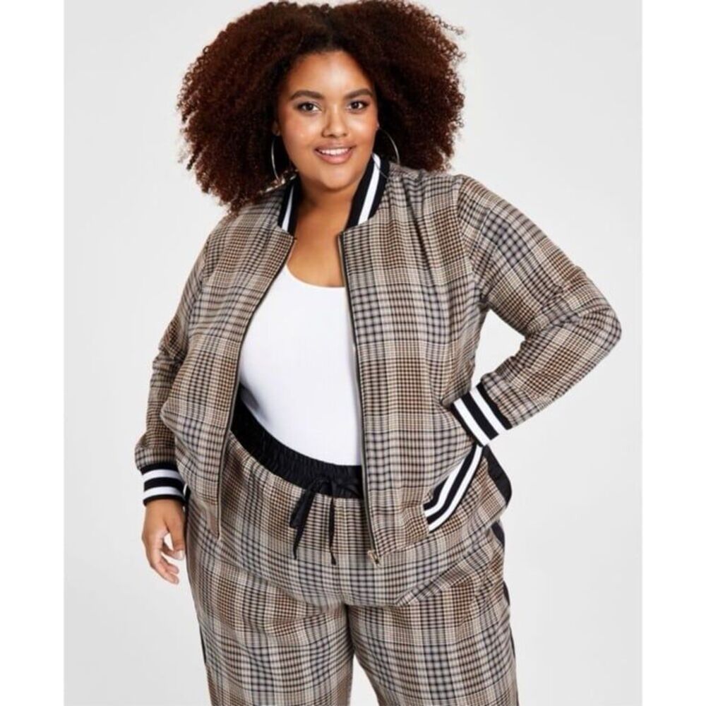 NEW Nina Parker Trendy Plus Size Plaid Bomber Jacket in Multiscale Plaid Size 2X